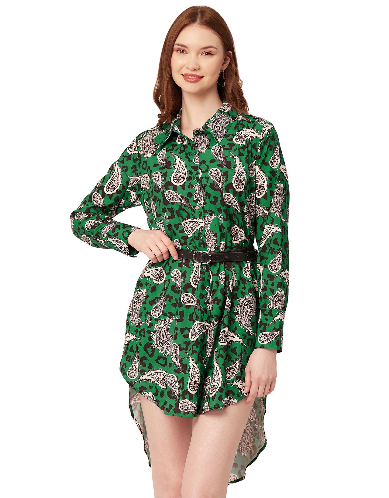 Moomaya Printed Long Collared Shirt Dress, Button Down High-Low Hem Shirt Dress