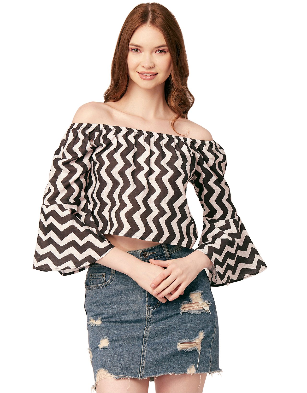 Moomaya Printed Off-Shoulder Top, Womens Long Bell Sleeve Crop Top Blouse