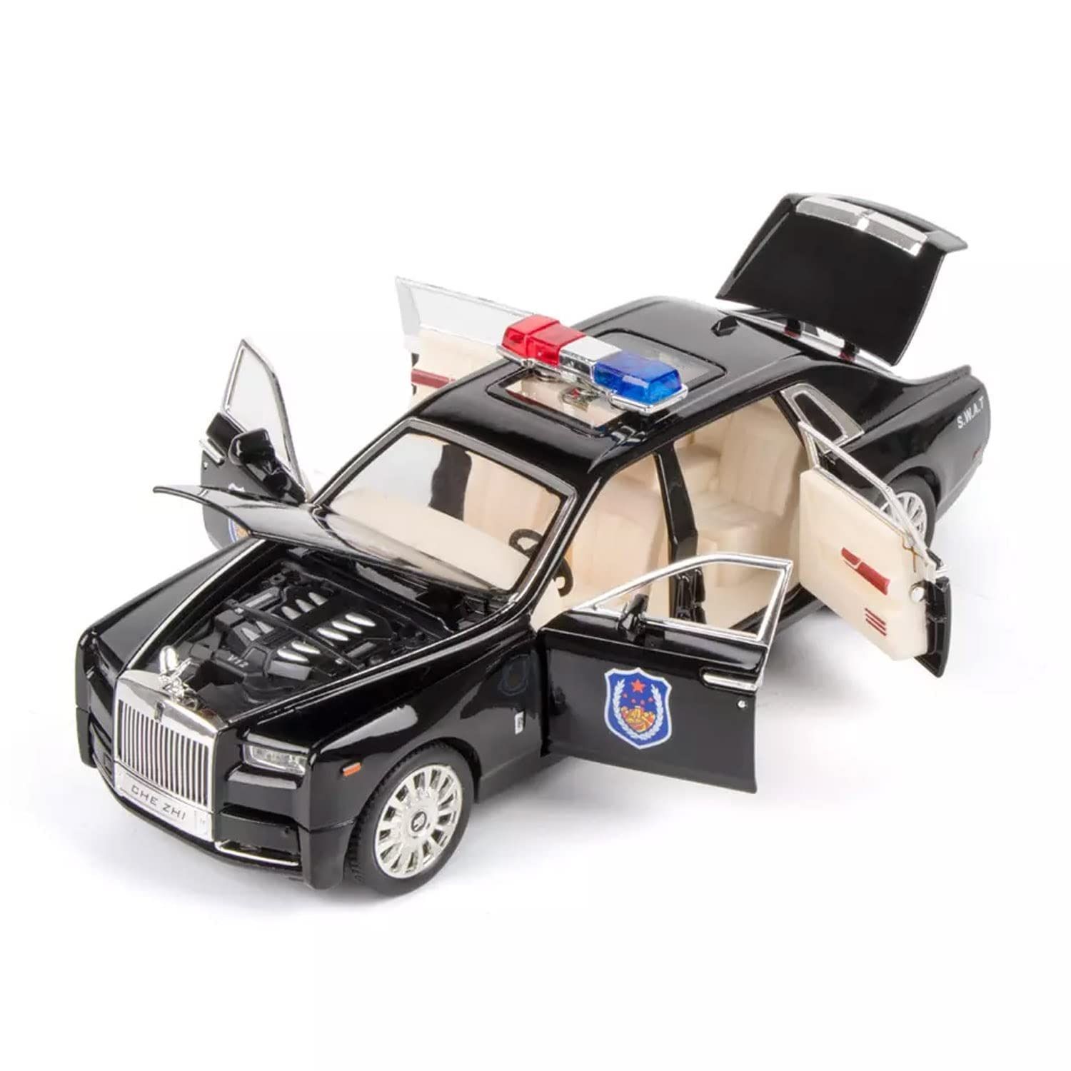 KTRS ENTERPRISE 1/24 Scale Wheels Diecast Rolls Royce Phantom Police Metal Model Pull Back Alloy Toy with Light and Sound Collection