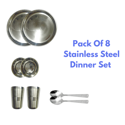 SHINI LIFESTYLE Dinner Set Steel 8Pcs|Kitchen Set for Home, Stainless Steel Dinner Set, Steel Utensils for Kitchen, Utensils Set, Bartan Set-Silver