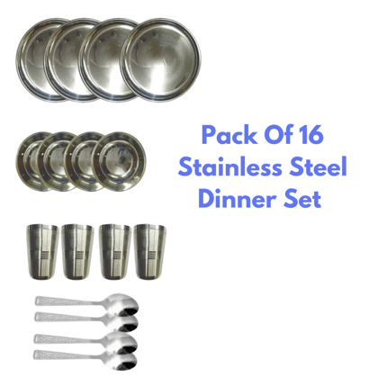 SHINI LIFESTYLE Dinner Set Steel 16Pcs|Kitchen Set for Home, Stainless Steel Dinner Set, Steel Utensils for Kitchen, Utensils Set, Bartan Set-Silver