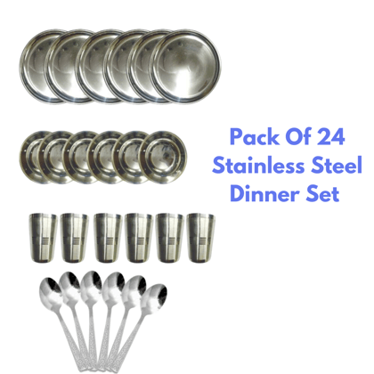 SHINI LIFESTYLE Dinner Set Steel 24Pcs|Kitchen Set for Home, Stainless Steel Dinner Set, Steel Utensils for Kitchen, Utensils Set, Bartan Set-Silver