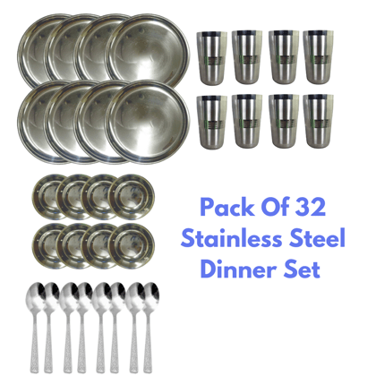 SHINI LIFESTYLE Dinner Set Steel 32Pcs|Kitchen Set for Home, Stainless Steel Dinner Set, Steel Utensils for Kitchen, Utensils Set, Bartan Set-Silver