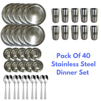 SHINI LIFESTYLE Dinner Set Steel 40Pcs|Kitchen Set for Home, Stainless Steel Dinner Set, Steel Utensils for Kitchen, Utensils Set, Bartan Set-Silver
