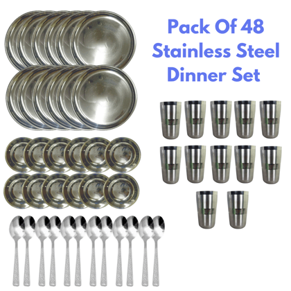 SHINI LIFESTYLE Dinner Set Steel 48Pcs|Kitchen Set for Home, Stainless Steel Dinner Set, Steel Utensils for Kitchen, Utensils Set, Bartan Set-Silver