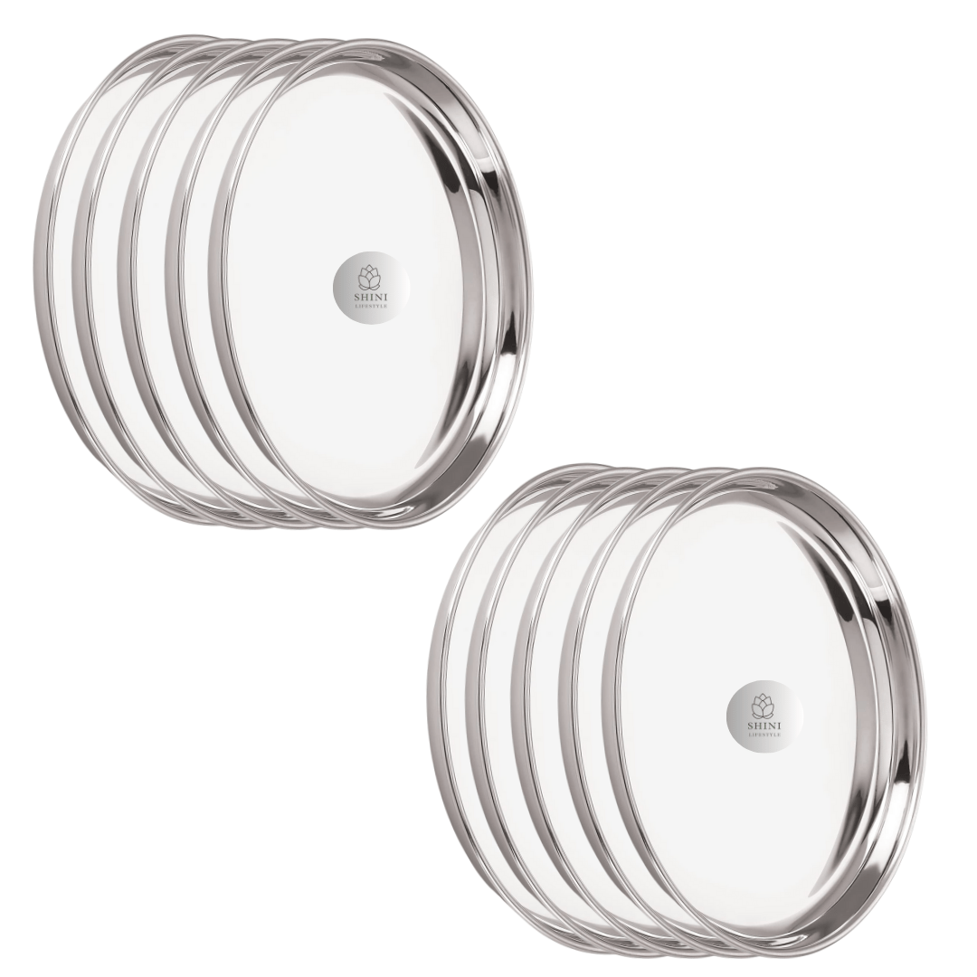 SHINI LIFESTYLE High Gloss Mirror Finish Bhojan Thali Set, Dinner Plates, Lunch Plate(Dia-30cm, 10Pc)