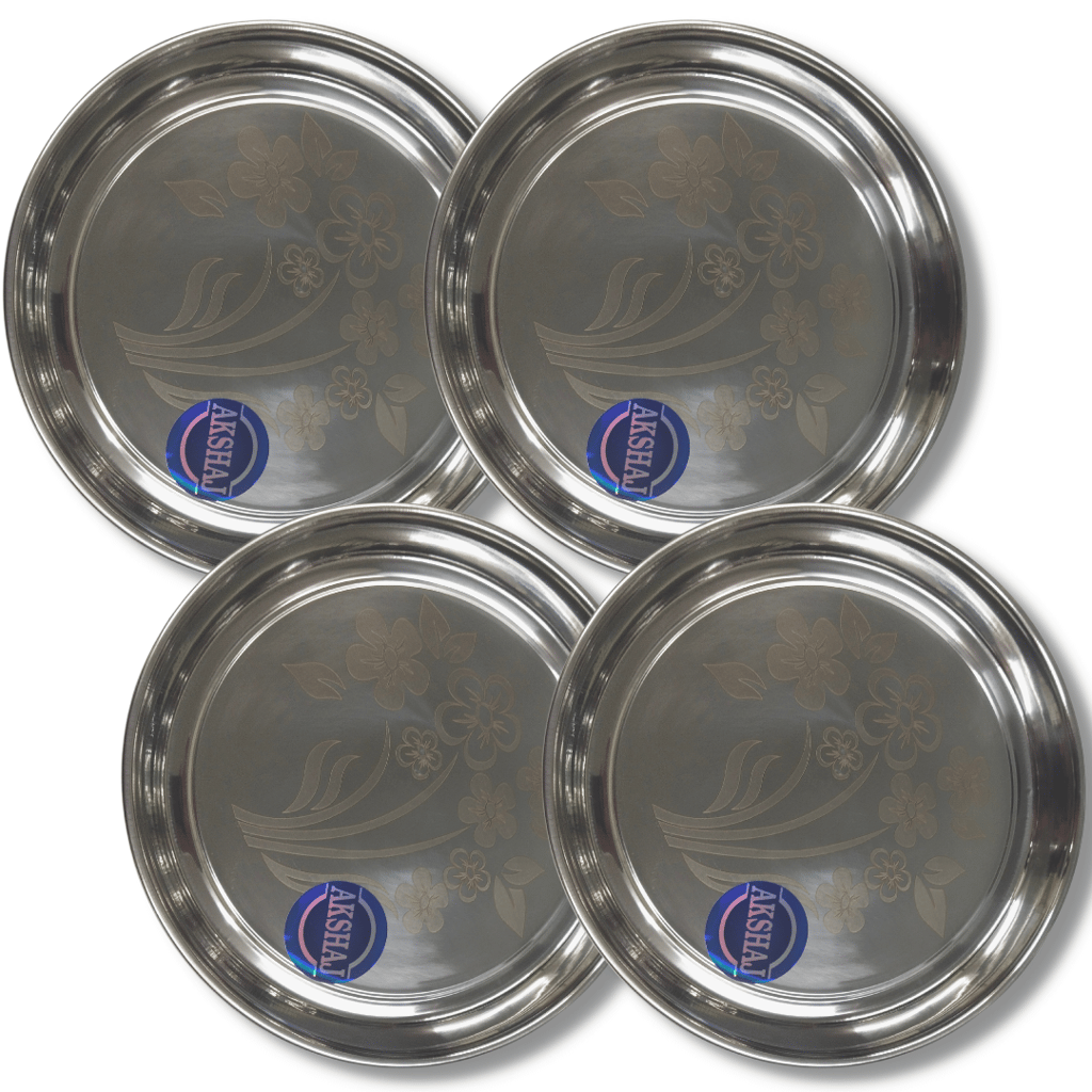 SHINI LIFESTYLE Stainless Steel Plate, khumcha Thali, Floral design, dinner plate 4pc