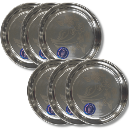 SHINI LIFESTYLE Stainless Steel Plate, khumcha Thali, Floral design, dinner plate 6pc