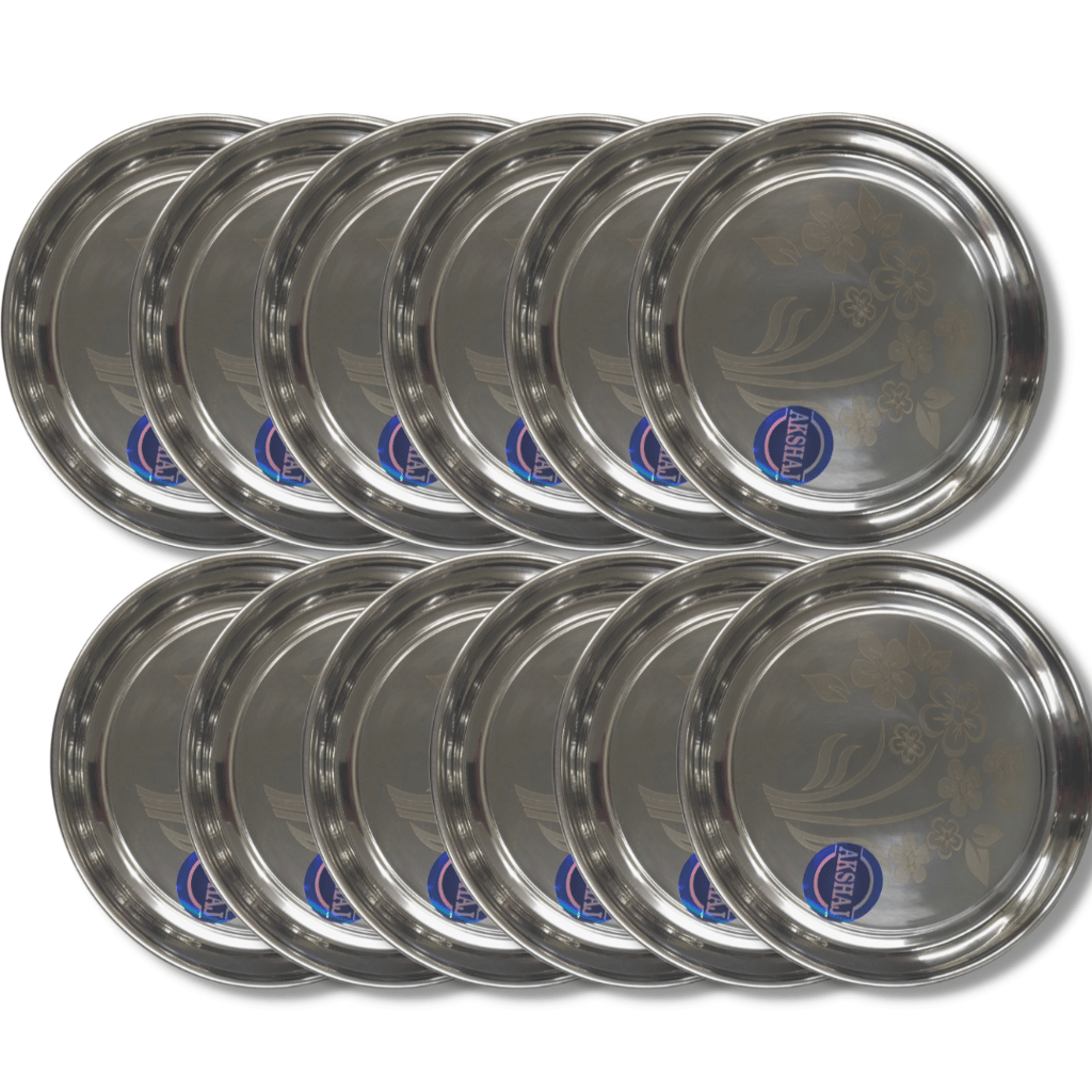 SHINI LIFESTYLE Stainless Steel Plate, khumcha Thali, Floral design, dinner plate 12pc