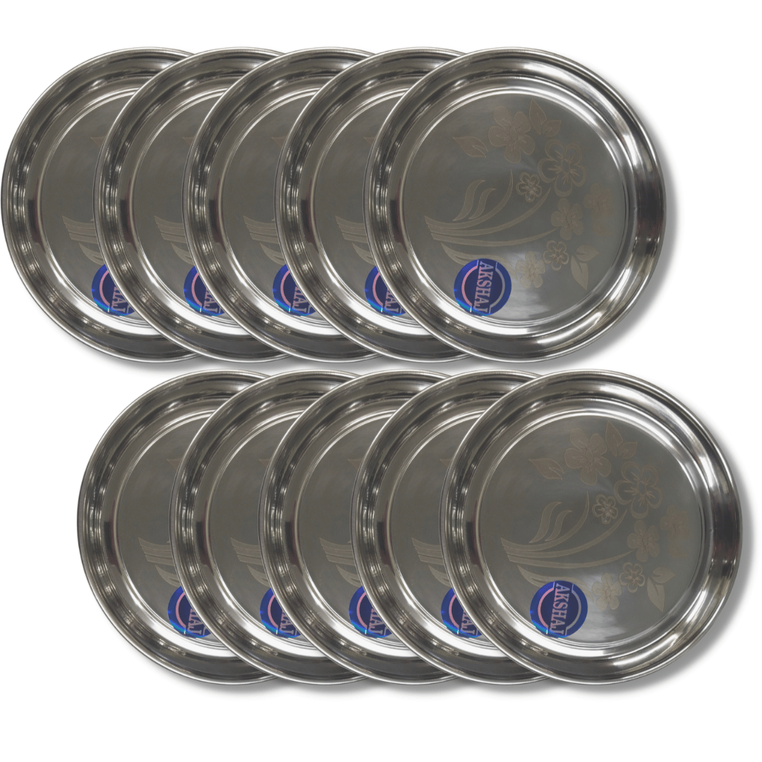 SHINI LIFESTYLE Stainless Steel Plate, khumcha Thali, Floral design, dinner plate 10pc