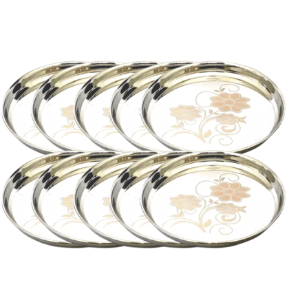 SHINI LIFESTYLE Stainless Steel Plate, khumcha Thali, Floral design, Light weight dinner plate 10pc