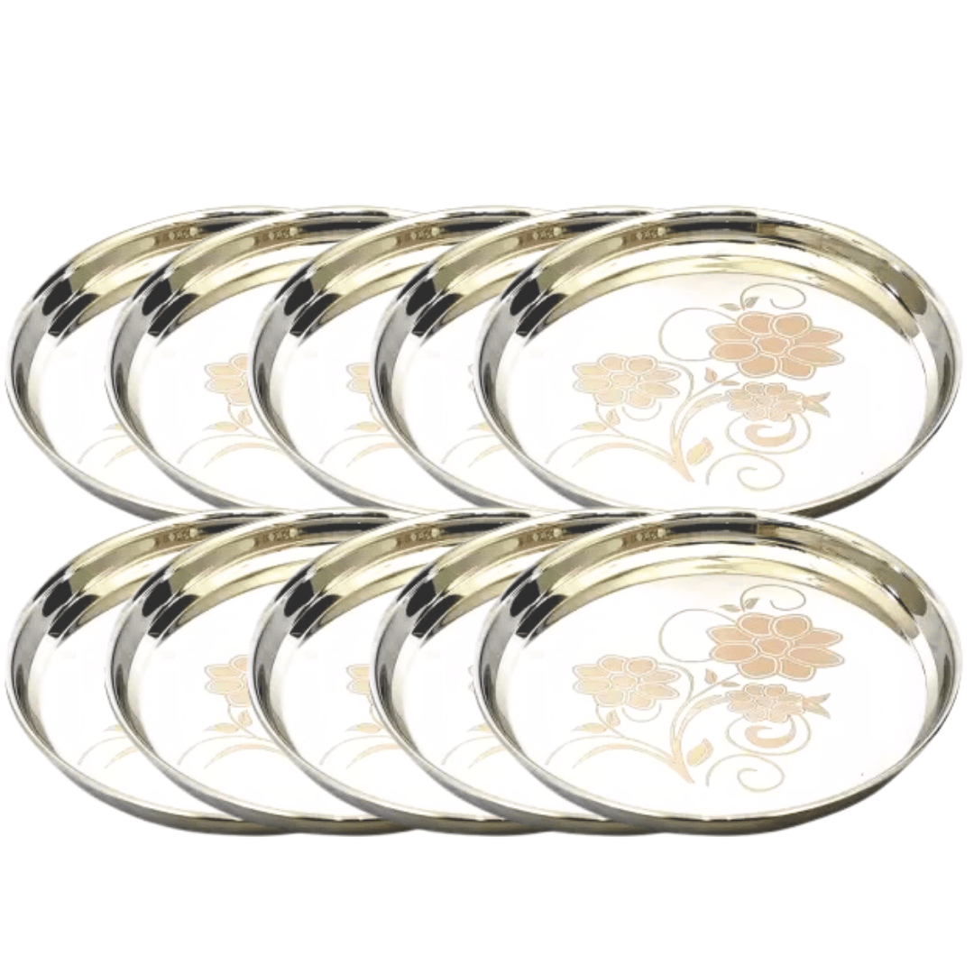 SHINI LIFESTYLE Stainless Steel Plate, khumcha Thali, Floral design, Light weight dinner plate 10pc