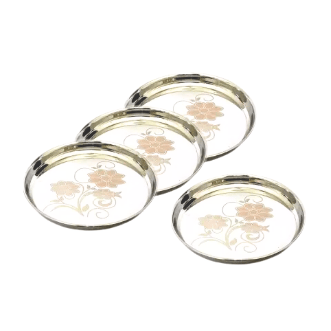 SHINI LIFESTYLE Stainless Steel Plate, khumcha Thali, Floral design, Light weight 30cm dinner plate 4pc