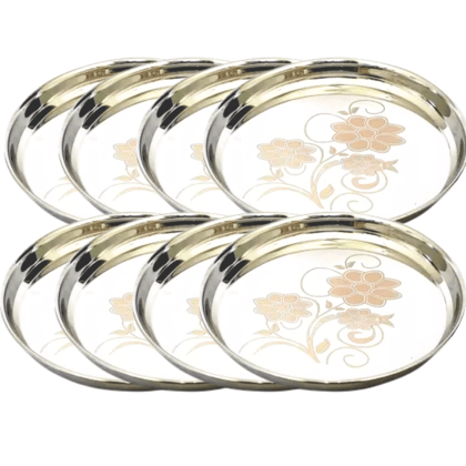 SHINI LIFESTYLE Stainless Steel Plate, khumcha Thali, Floral design, Light weight 30cm dinner plate 8pc