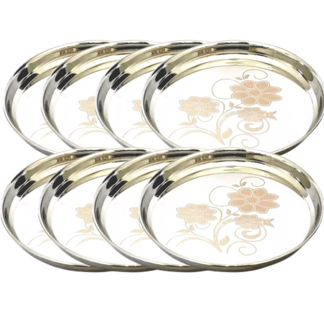SHINI LIFESTYLE Stainless Steel Plate, khumcha Thali, Floral design, Light weight 30cm dinner plate 8pc