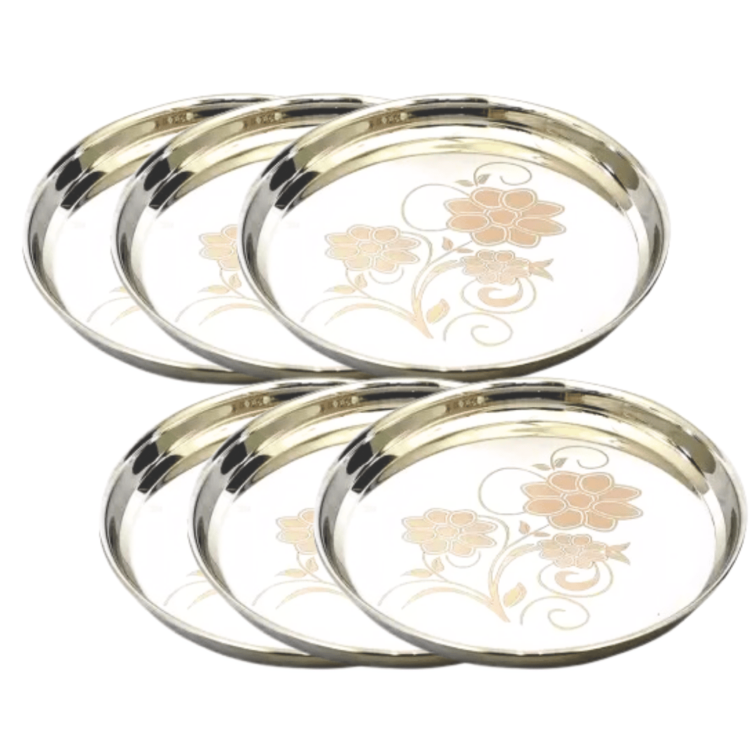 SHINI LIFESTYLE Stainless Steel Plate, khumcha Thali, Floral design, Light weight 30cm dinner plate 6pc