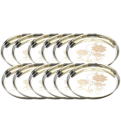 SHINI LIFESTYLE Stainless Steel Plate, khumcha Thali, Floral design, Light weight 30cm dinner plate 12pc