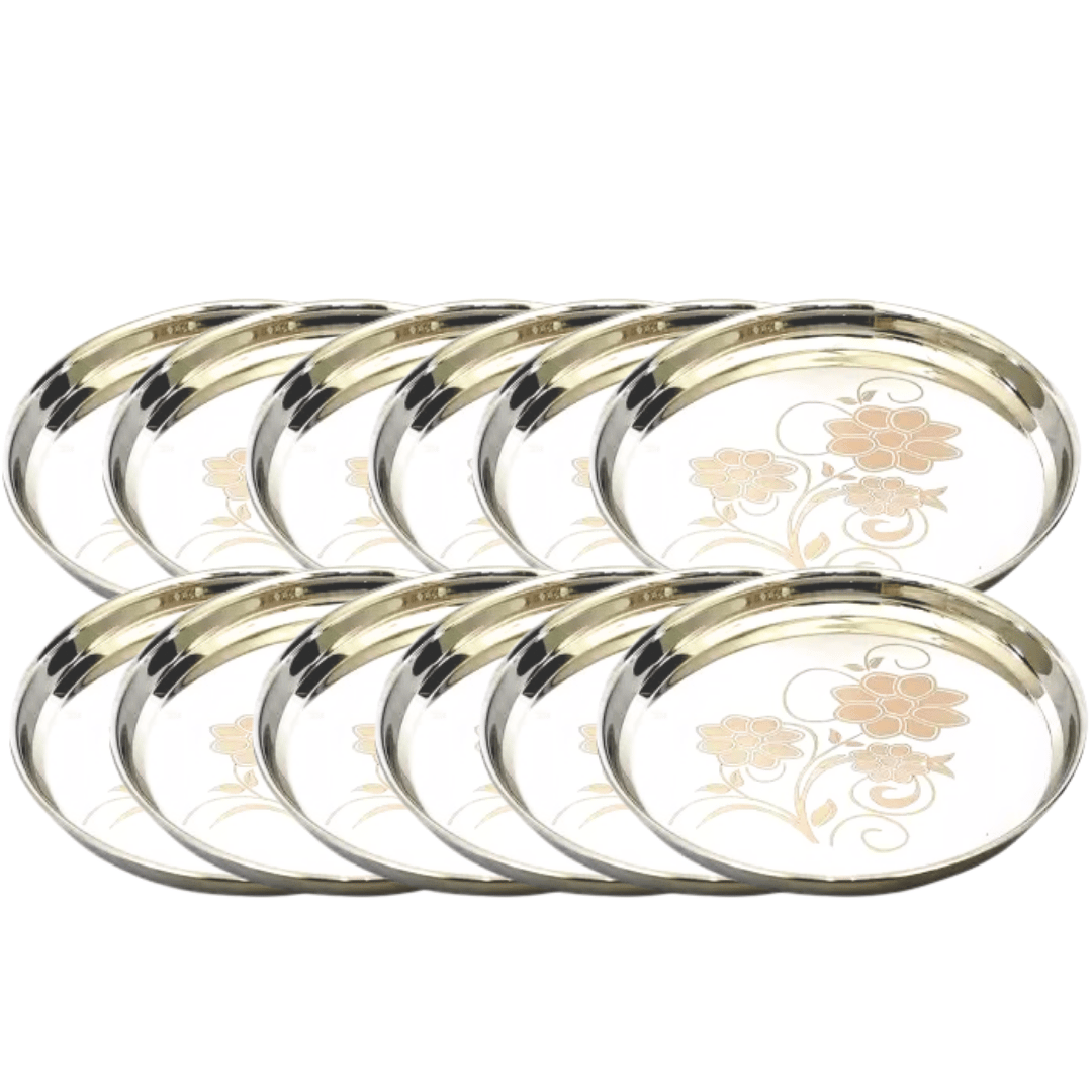 SHINI LIFESTYLE Stainless Steel Plate, khumcha Thali, Floral design, Light weight 30cm dinner plate 12pc