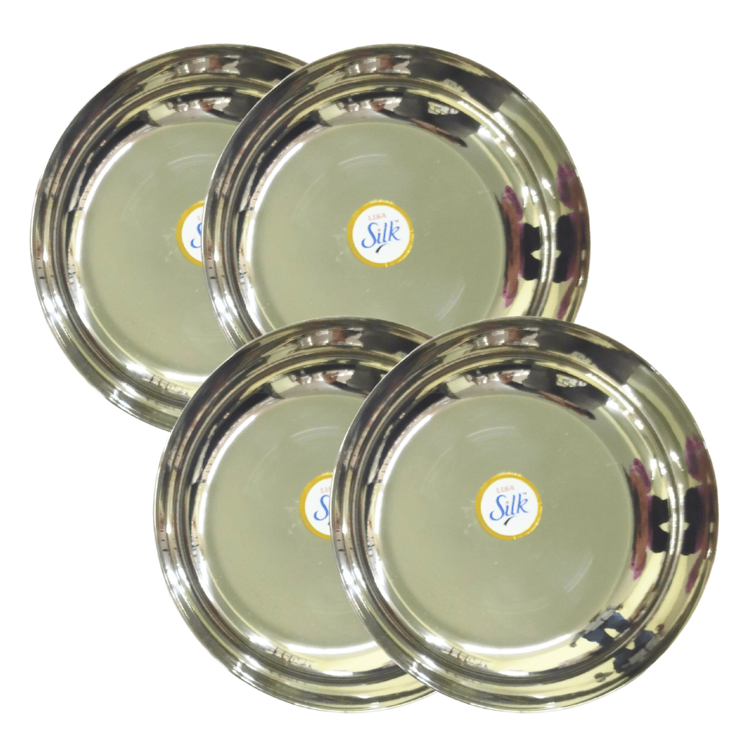 SHINI LIFESTYLE Stainless Steel Halwa plate /Dessert Plate Set,Halwa Plate Set, Round Beeding Halwa Plate (4 pieces, 12cm dia)