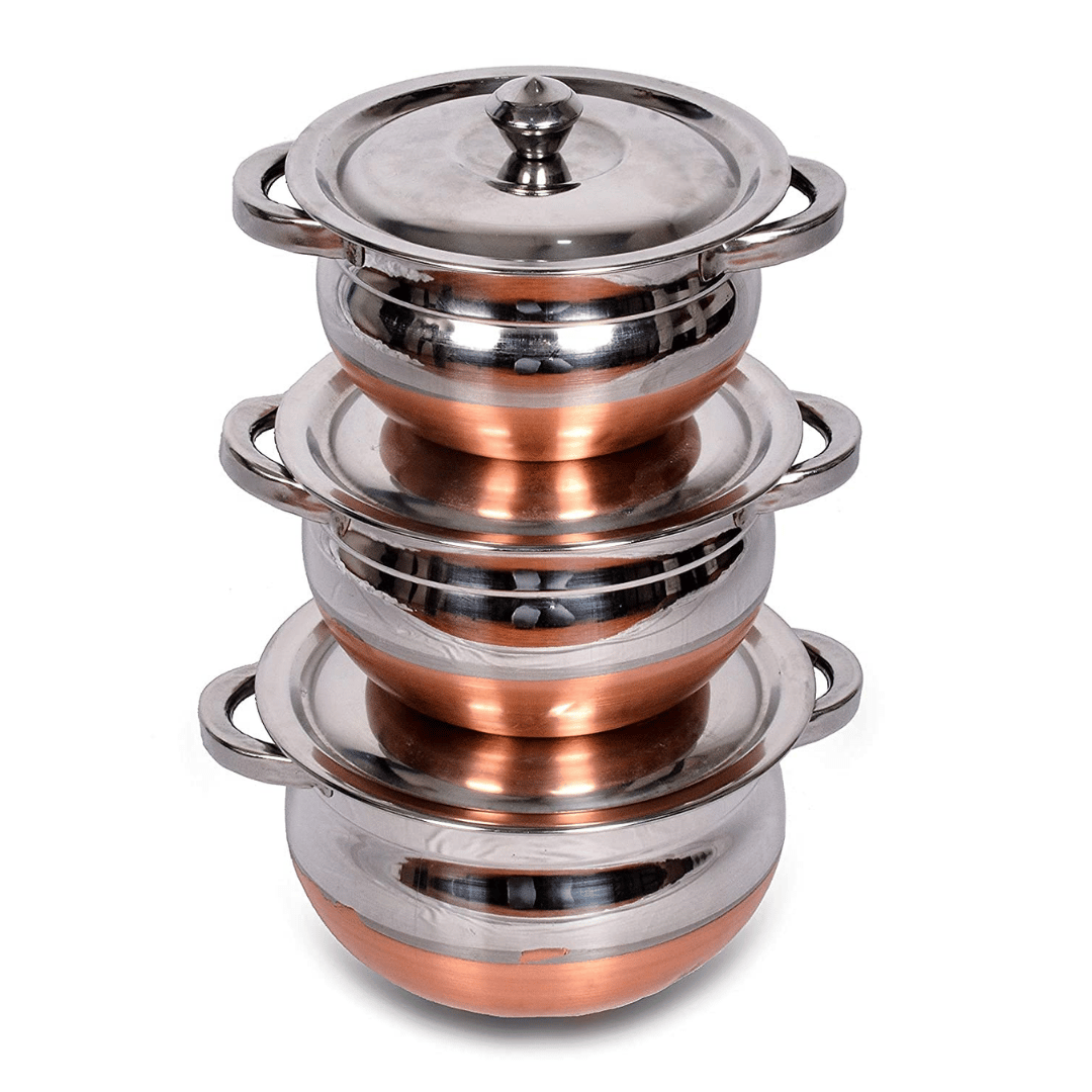 SHINI LIFESTYLE Stainless Steel copper Handi Set/Cookware products,Pot Set/Cooking Bowl, Handi Set of 3 Pieces with Lid, Set Of 3