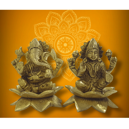 SHINI LIFESTYLE LAXMI JI GANESH JI BRASS MURTI, LAXMI GANESH DIWALI POOJA , SHRI ASTHA VINAYAK Decorative Showpiece - 9 cm (Brass, Gold)