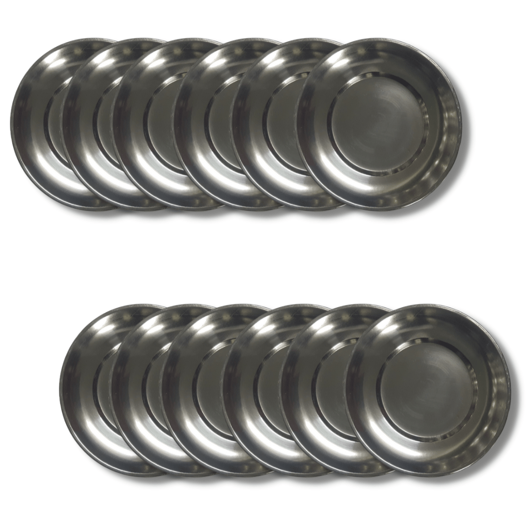 SHINI LIFESTYLE Heavy Gauge Steel Laser Halva Plates, Old Style Quarter Plate / Breakfast Plates / Poha Plate, 14 cm Quarter Plate (Pack of 12)