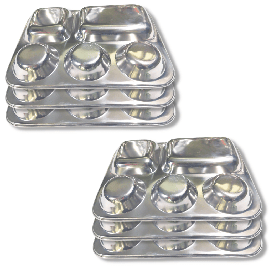 SHINI LIFESTYLE Bhojan Thal, 5 column, Stainless Steel Plate for dining, Super Premium Quality Dinner Plate (Pack of 6)