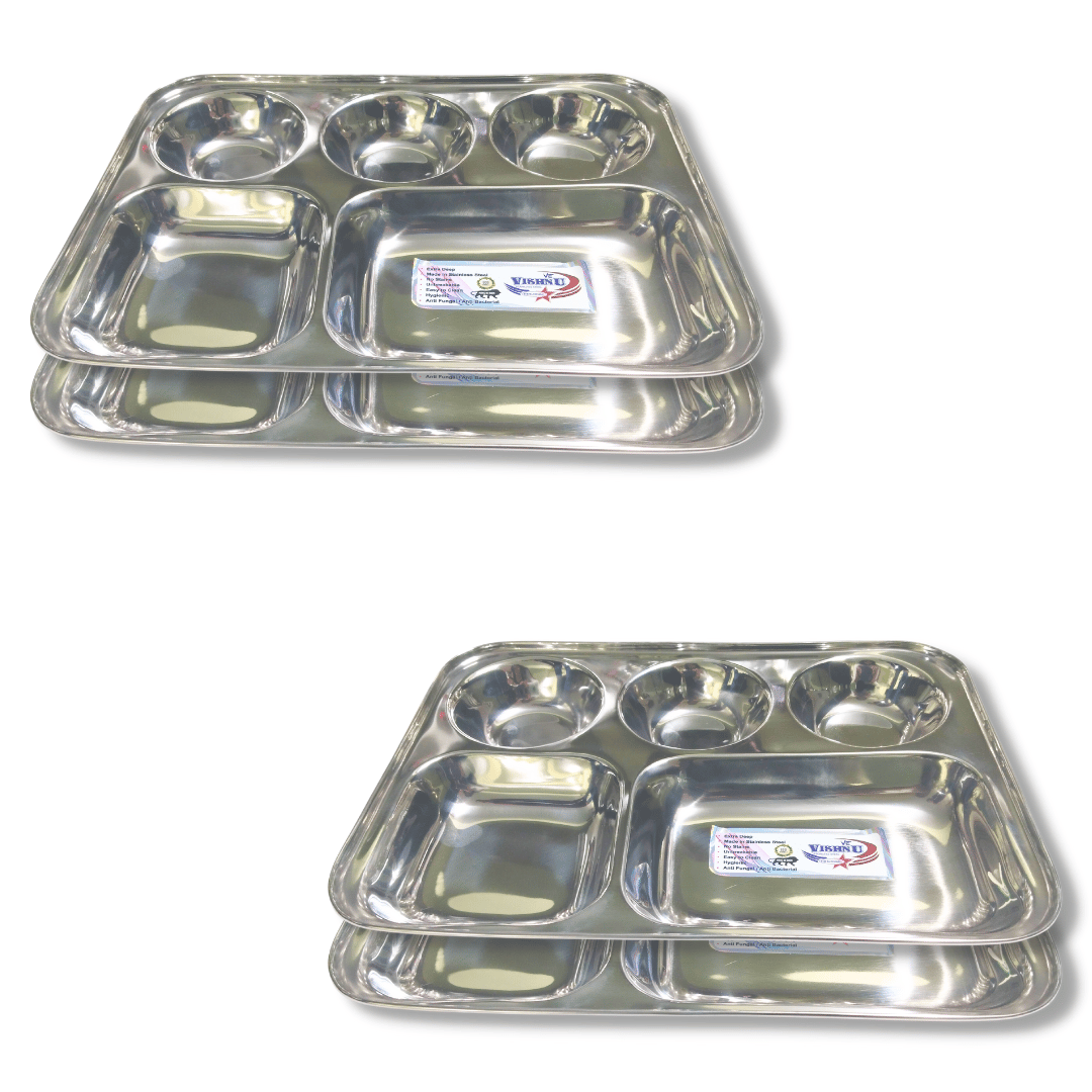 SHINI LIFESTYLE Bhojan Thal, 5 column, Stainless Steel Plate for dining, Super Premium Quality Dinner Plate (Pack of 4)