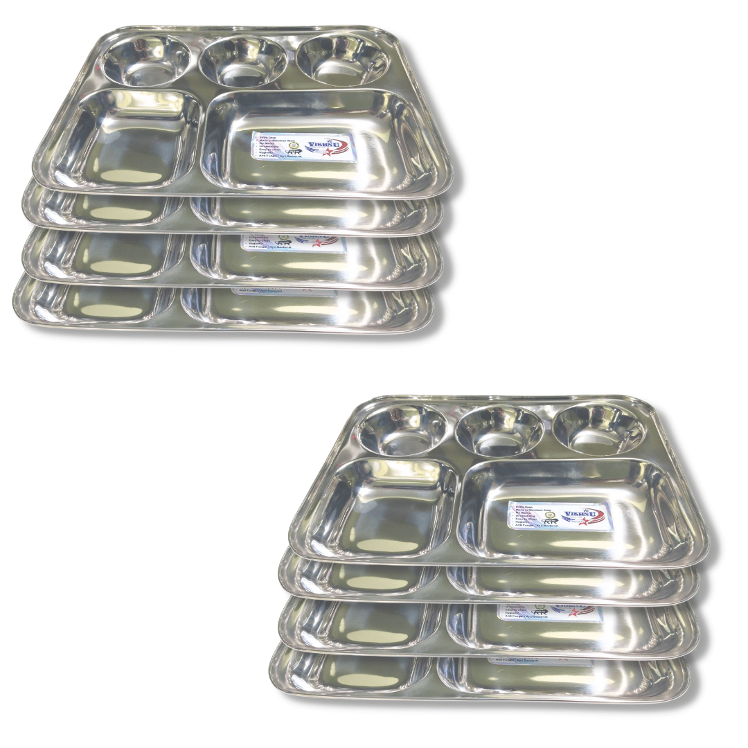 SHINI LIFESTYLE Bhojan Thal, 5 column, Stainless Steel Plate for dining, Super Premium Quality Dinner Plate (Pack of 8)