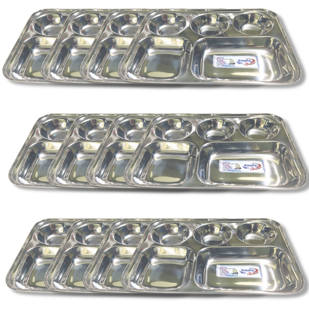 SHINI LIFESTYLE Bhojan Thal, 5 column, Stainless Steel Plate for dining, Super Premium Quality Dinner Plate (Pack of 12)
