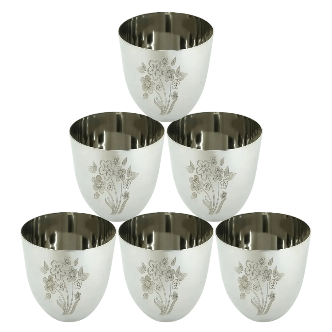 SHINI LIFESTYLE (Pack of 6) Stainless Steel Floral design, Heavy Gauge Glass Set Water/Juice Glass (350 ml, Steel, Silver)