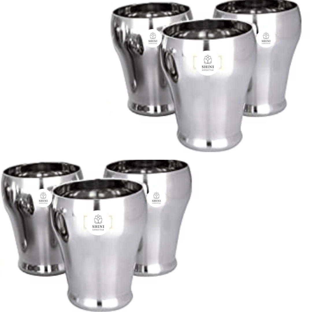 SHINI LIFESTYLE (Pack of 6) Stainless Steel Designer Glass, Heavy Gauge Glass Set Water/Juice Glass (350 ml, Steel, Silver)
