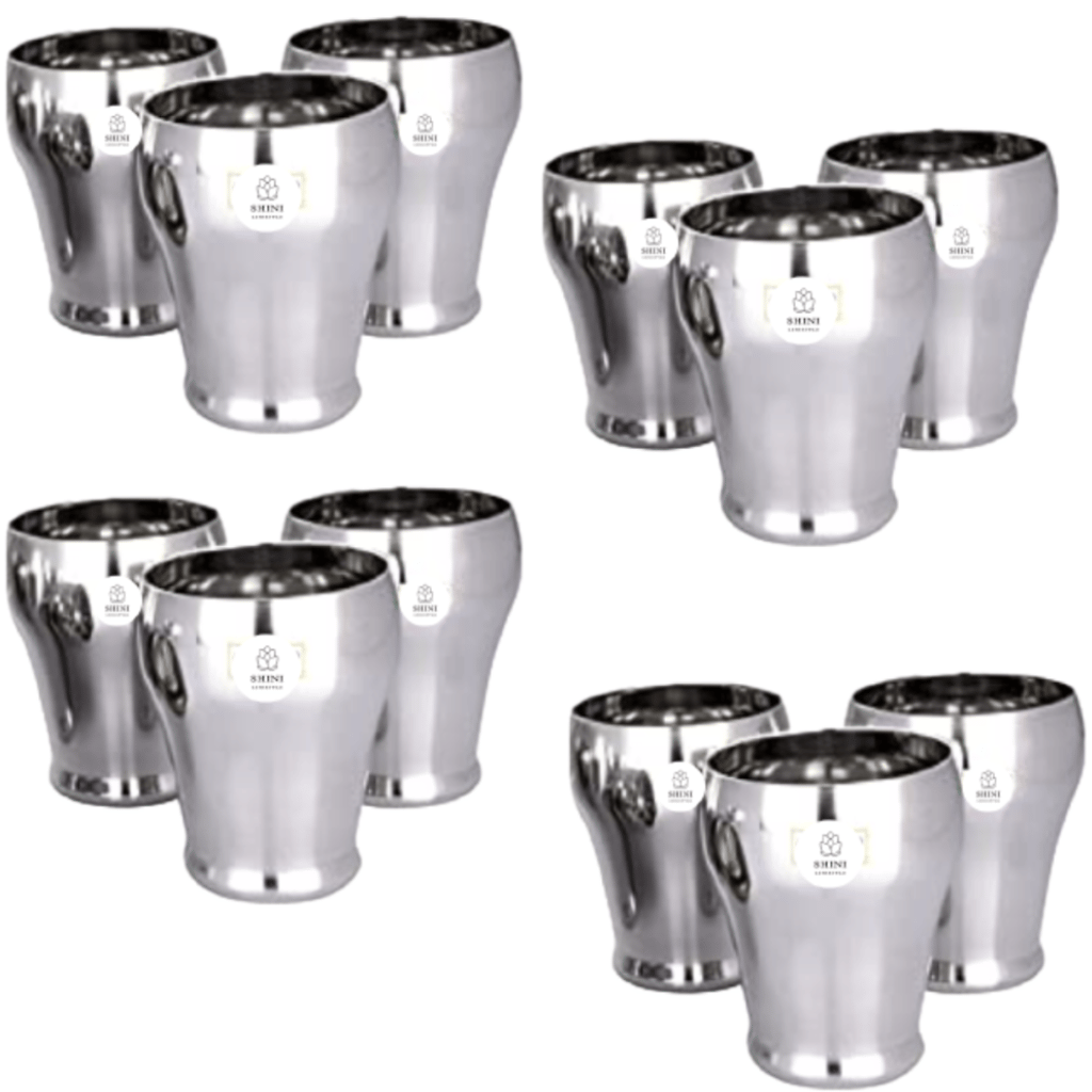 SHINI LIFESTYLE (Pack of 12) Stainless Steel Designer Glass, Heavy Gauge Glass Set Water/Juice Glass (350 ml, Steel, Silver)
