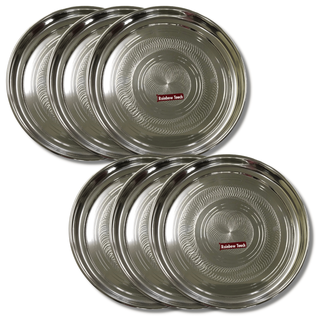 SHINI LIFESTYLE Stainless Steel Plate, Heavy gauge, laser design, 30cm Dinner Plate (Pack of 6)