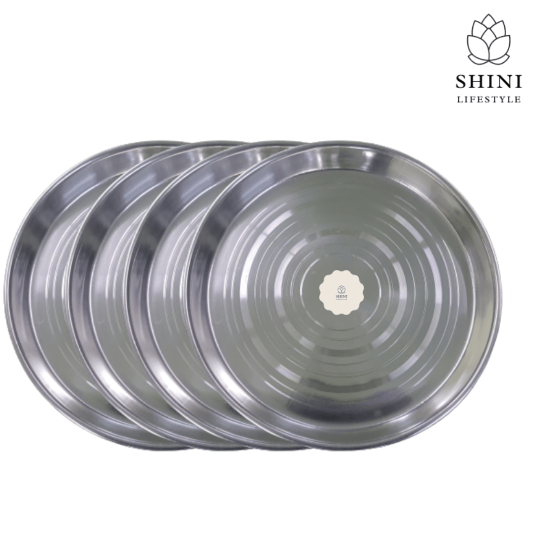 SHINI LIFESTYLE Stainless Steel Plate, Round, laser design, 30 cm Dining Dinner Plate (Pack of 4)