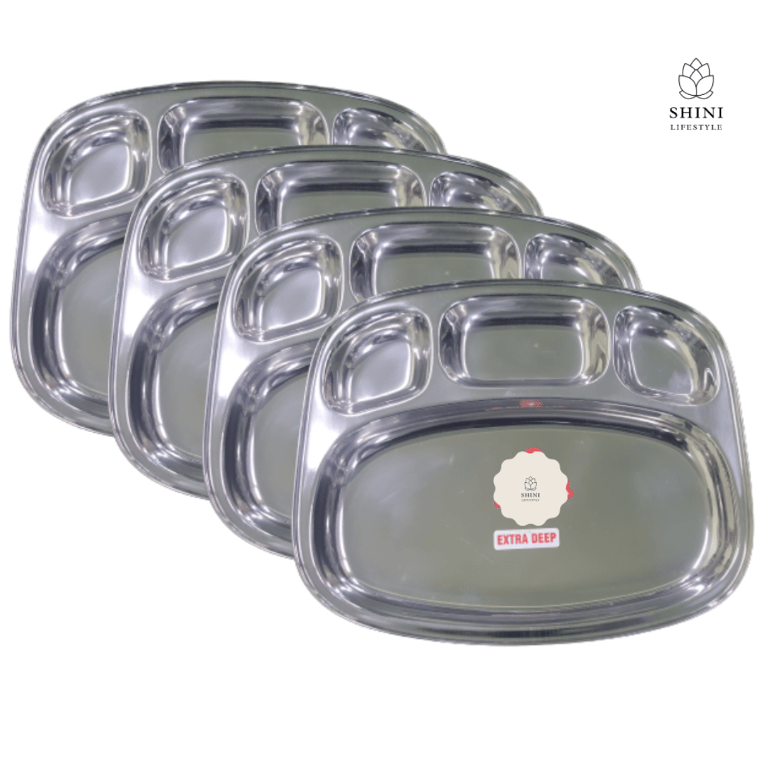 SHINI LIFESTYLE Bhojan Thal, 4 column, Stainless Steel Plate for dining, Super Premium Quality Dinner Plate (Pack of 4)