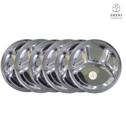 SHINI LIFESTYLE Bhojan Thal, 4 column, Stainless Steel Plate for dining,Thali Sectioned Plate (Pack of 6)