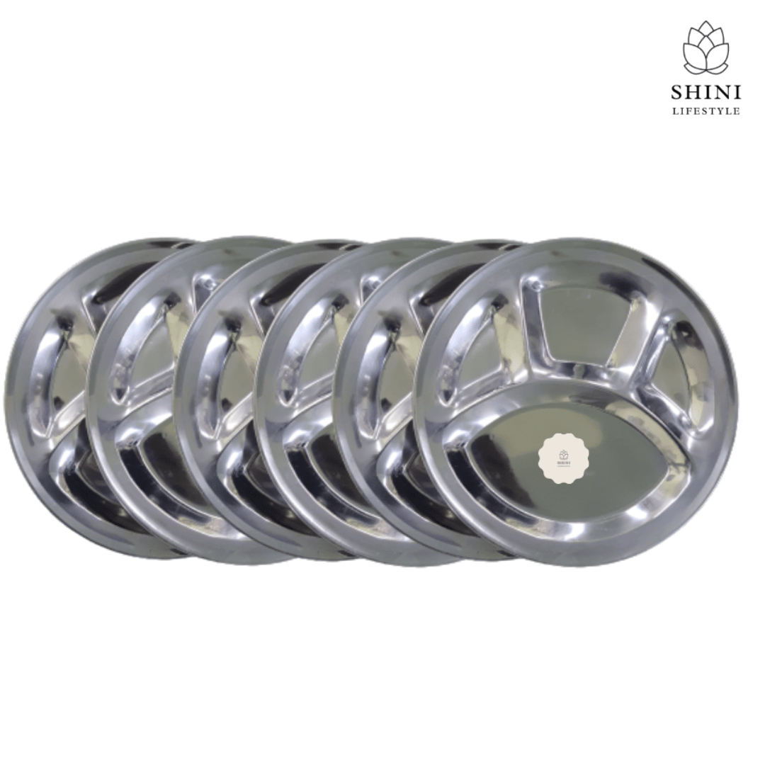 SHINI LIFESTYLE Bhojan Thal, 4 column, Stainless Steel Plate for dining,Thali Sectioned Plate (Pack of 6)