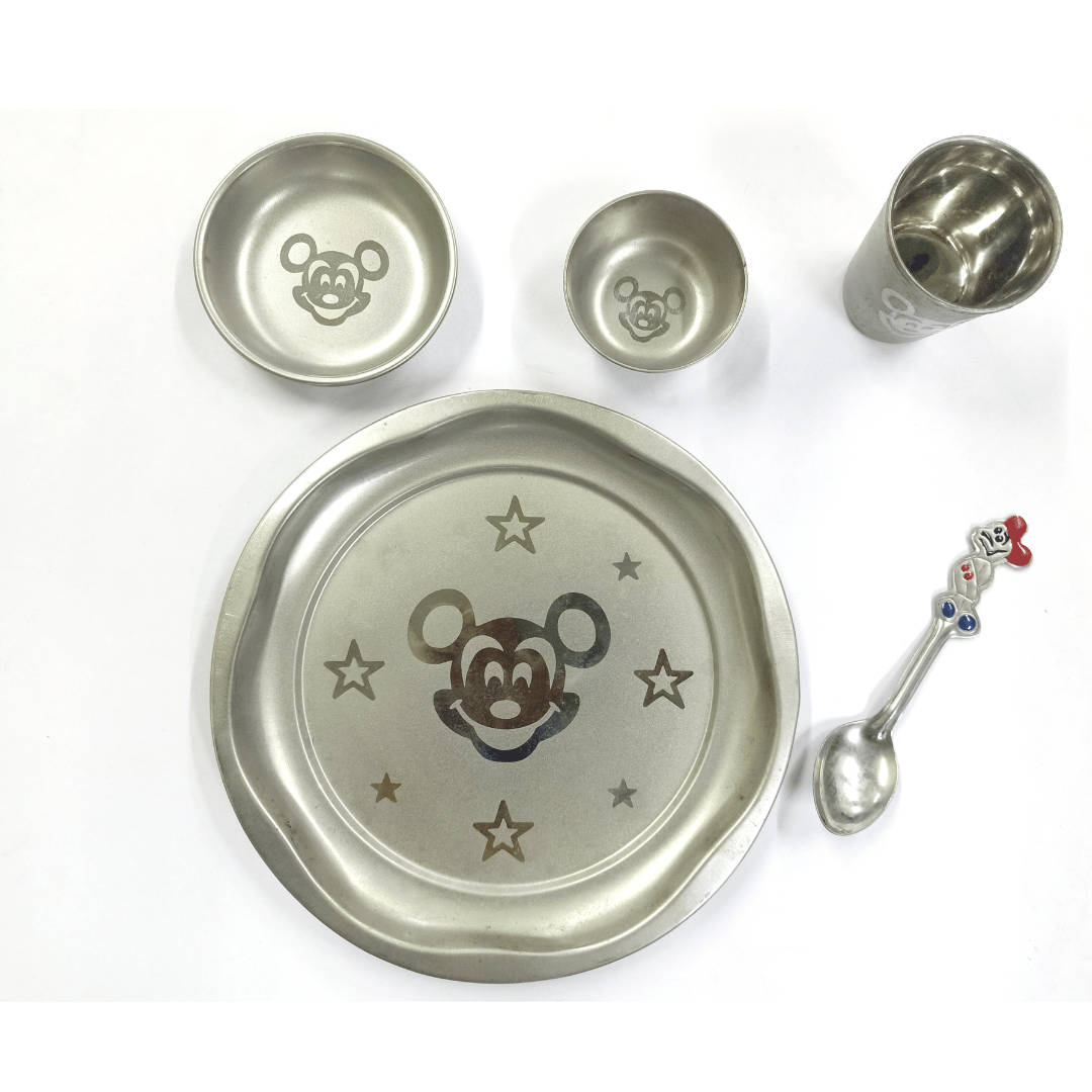 SHINI LIFESTYLE Pack of 5 Stainless Steel Micky Mouse Dinner set Silver finish Dinner Set (Silver)