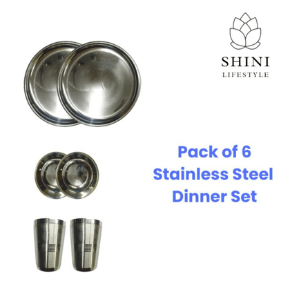 SHINI LIFESTYLE Pack of 6 Stainless Steel Heavy Quality Mirror Finish set of 6 (2 Dinner Plates, 2 bowl/wati, 2 Glasse) Dinner Set (Silver)