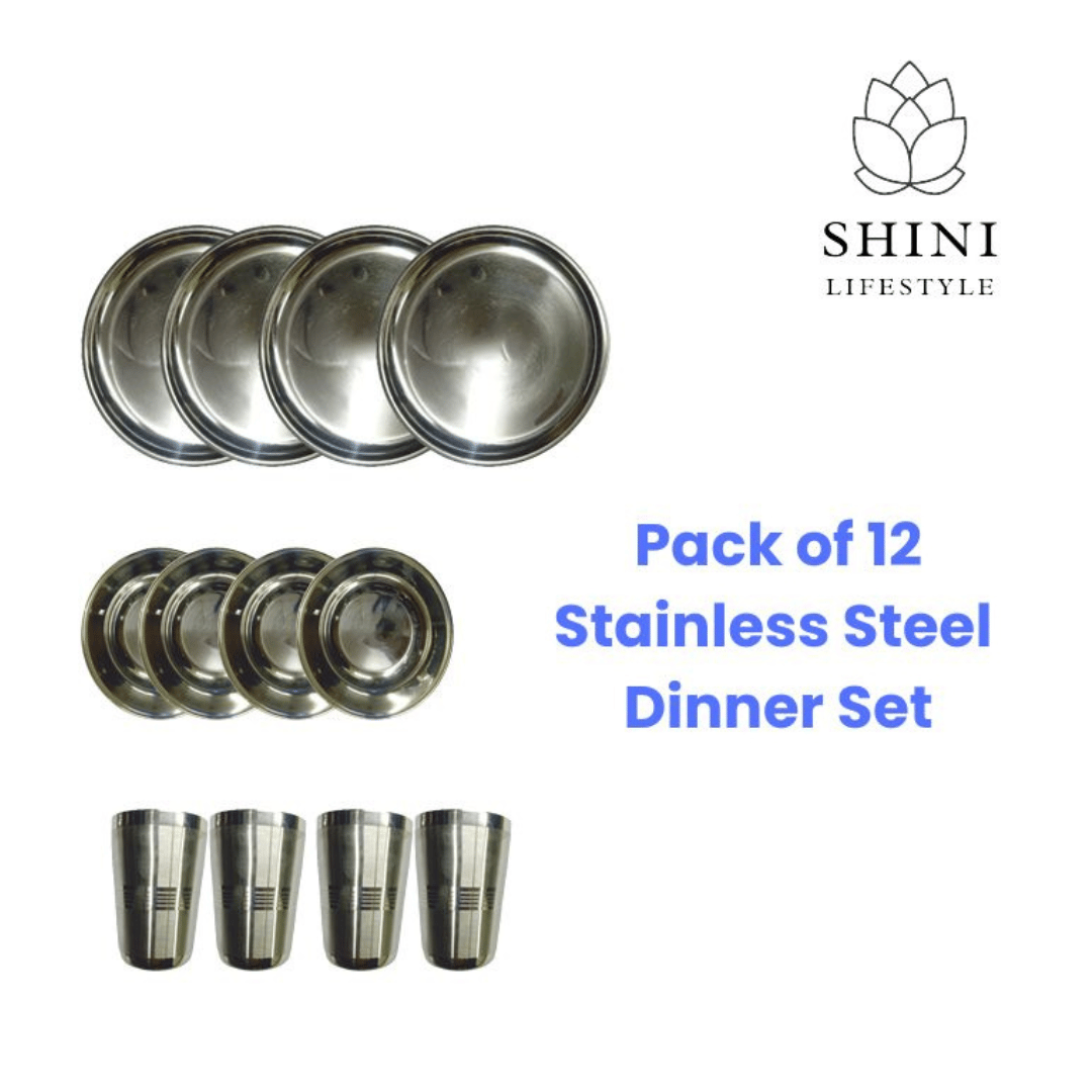 SHINI LIFESTYLE Pack of 12 Stainless Steel Heavy Quality Mirror Finish set of 12 (4 Dinner Plates, 4 bowl/wati, 4 Glasse) Dinner Set (Silver)