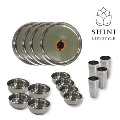 SHINI LIFESTYLE Pack of 16 Stainless Steel Good Quality Mirror Finish (4 Dinner Plates, 4 Big bowl, 4 Small bowl, 4 Glass) Dinner Set (Silver)