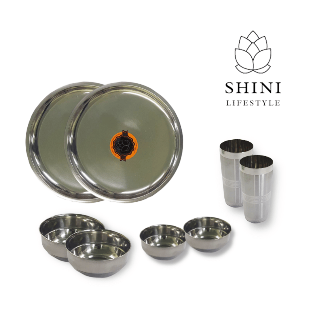 SHINI LIFESTYLE Pack of 8 Stainless Steel Good Quality Mirror Finish (2 Dinner Plates, 2 Big bowl, 2 Small bowl, 2 Glass) Dinner Set (Silver)