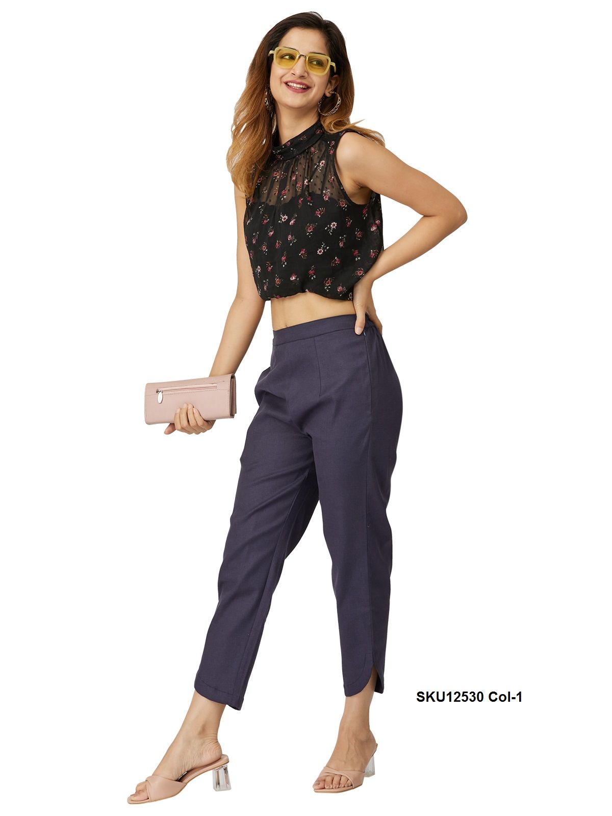 Stylish Women's Black Floral Sleeveless Top with Grey Trousers