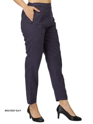 Stylish Blue Cotton Trousers for Women with Button Detail