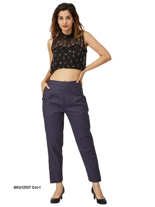 Stylish Blue Cotton Trousers for Women with Button Detail
