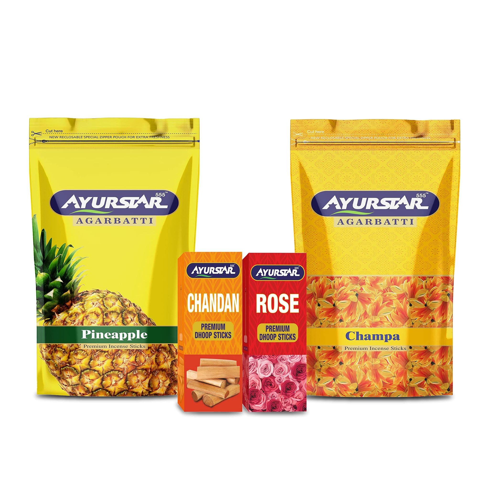 AYURSTAR 555 Agarbatti with Dhoop |4 Refreshing Fragrances- Champa, Pineapple, Chandan, Rose|Premium Incense Sticks for Pooja, Meditation, Room Freshening