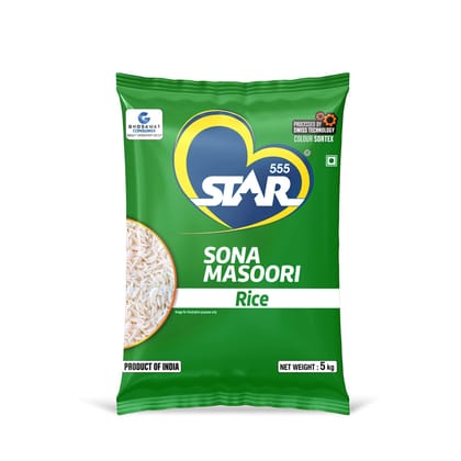 STAR 555 Sona Masoori Rice Pouch 5 Kg | Extra Long & Fluffy Grains | Suitable For All Cuisines| Nutrient Rich | Naturally Aged | Premium Aromatic Rice For Daily Cooking