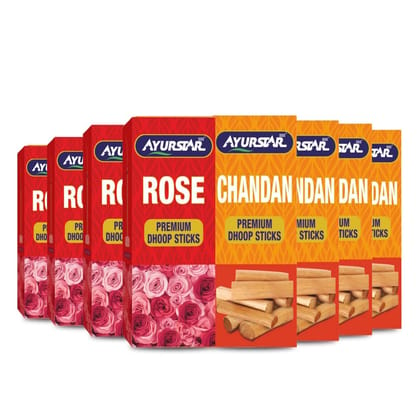 AYURSTAR 555 Chandan, Rose Premium Dhoop Agarbatti Sticks Pack of 8 |Long Lasting Chandan, Rose Fragrance| Blissful Aromatic Ambience for Pooja, Meditation, Cleansing, Room Freshening