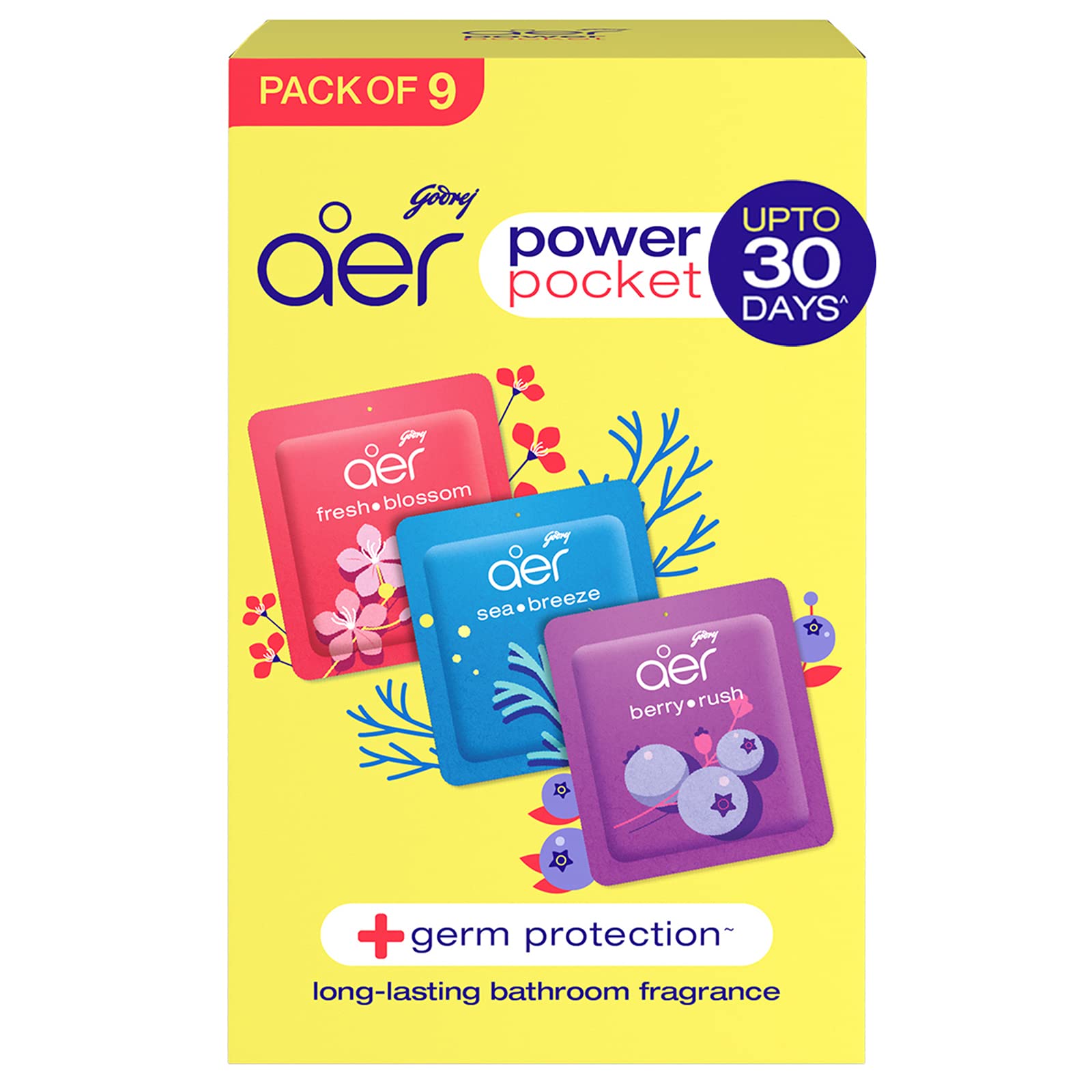 Godrej Aer Power Pocket | Air Freshener- Bathroom and Toilet | Lasts Up to 30 days | Assorted Pack of 9 (90g)